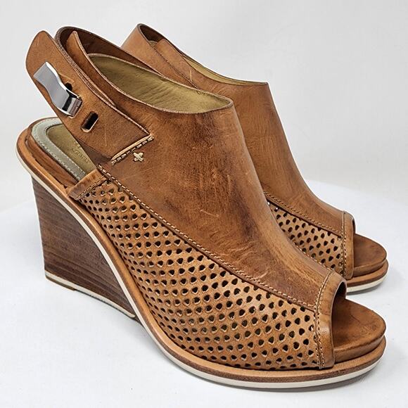 Rag & Bone Pala Wood Wedge Sandal Women 9.5 Tan Leather Perforated Peep Toe - Picture 1 of 10